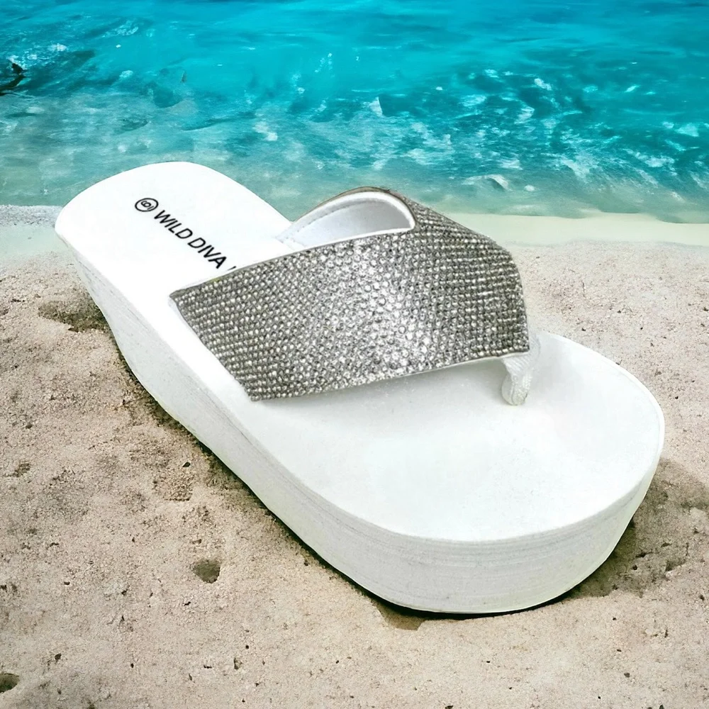 Wild Diva Heat White Y2K Rhinestone Embellished Ultra Platform Wedge Sandal